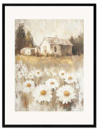 Gerahmter Kunstdruck Landhaus mit weißen Gänseblümchen im Hof