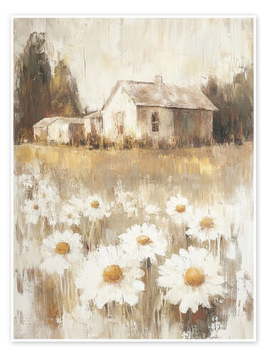 Poster Cottage house with white daisies in the yard