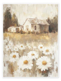 Tableau Cottage house with white daisies in the yard - DejaReve