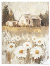 Wandsticker Landhaus mit weißen Gänseblümchen im Hof