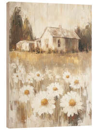 Wood print Cottage house with white daisies in the yard - DejaReve