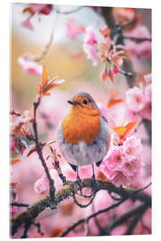 Akryylilasitaulu Robin with pink cherry blossoms