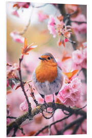 Print på skumplade Robin with pink cherry blossoms