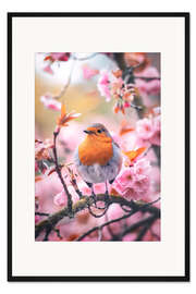 Gerahmter Kunstdruck Rotkehlchen mit rosa Kirschblüten