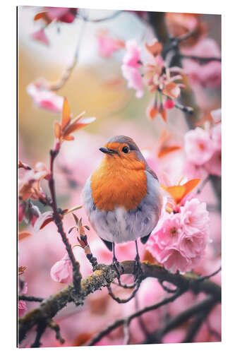 Gallery Print Rotkehlchen mit rosa Kirschblüten