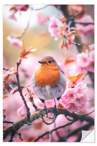 Sticker mural Robin with pink cherry blossoms