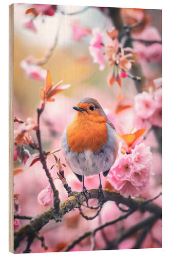 Wood print Robin with pink cherry blossoms