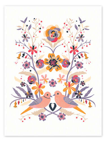 Póster Doves Scandinavian style floral composition