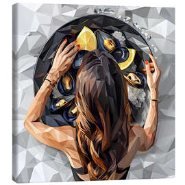 Quadro em tela Girl and large plate of mussels - Maria Tuzhilkina