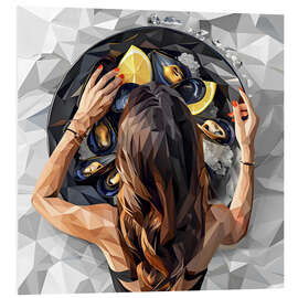 Cuadro de PVC Girl and large plate of mussels - Maria Tuzhilkina