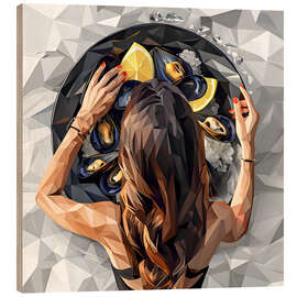 Cuadro de madera Girl and large plate of mussels - Maria Tuzhilkina