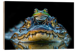 Holzbild Frosch fährt Krokodil-Taxi - Peter Roder
