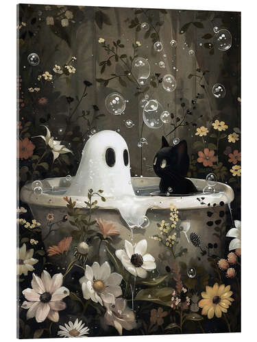 Acrylic print Ghost and black cat in the bathtub