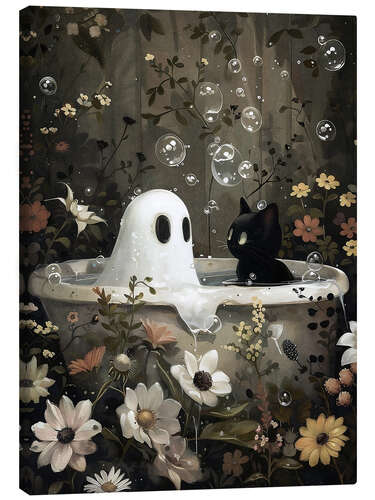 Lienzo Ghost and black cat in the bathtub