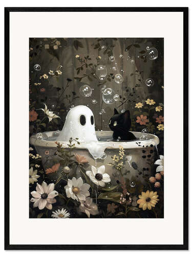 Kehystetty taidepainatus Ghost and black cat in the bathtub