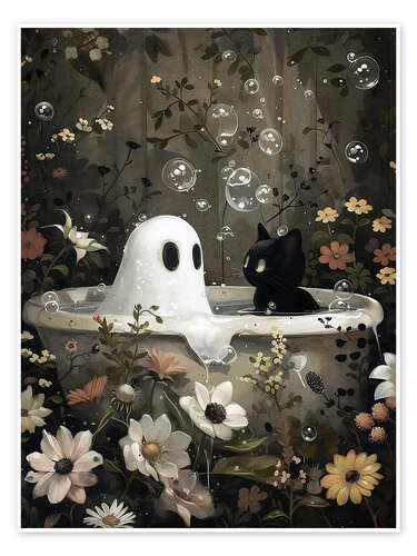 Poster Ghost and black cat in the bathtub