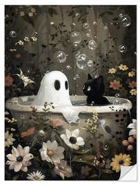 Vinilo para la pared Ghost and black cat in the bathtub