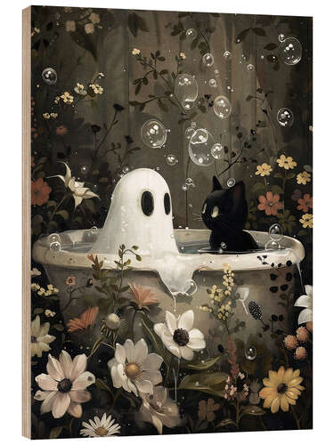 Stampa su legno Ghost and black cat in the bathtub