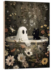 Wood print Ghost and black cat in the bathtub - Olga Telnova