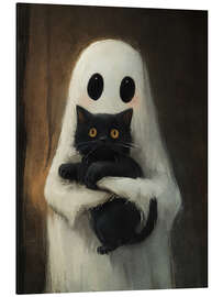 Tableau en aluminium Cute ghost hugs black cat