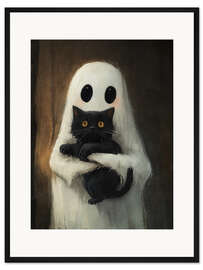 Gerahmter Kunstdruck Niedlicher Geist umarmt schwarze Katze