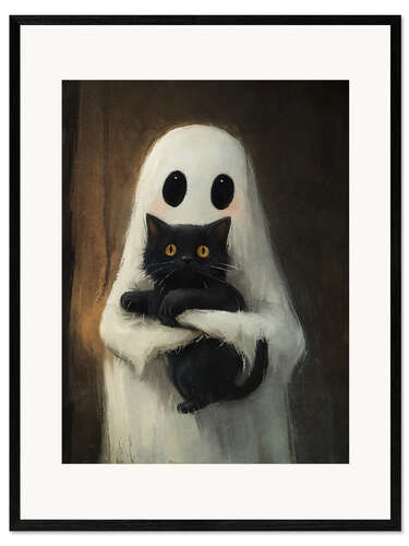 Impression artistique encadrée Cute ghost hugs black cat