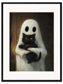 Impression artistique encadrée Cute ghost hugs black cat - Olga Telnova