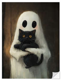 Wandsticker Niedlicher Geist umarmt schwarze Katze