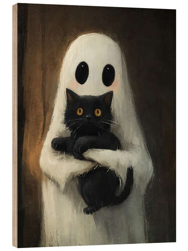 Wood print Cute ghost hugs black cat