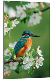 Stampa su alluminio Kingfisher with cherry blossoms