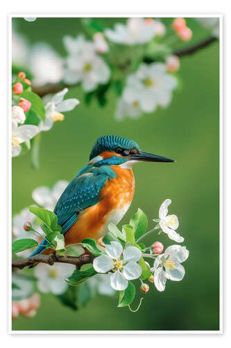 Poster Kingfisher with cherry blossoms