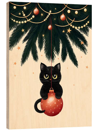 Wood print Cat under Christmas tree
