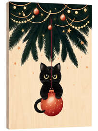 Wood print Cat under Christmas tree