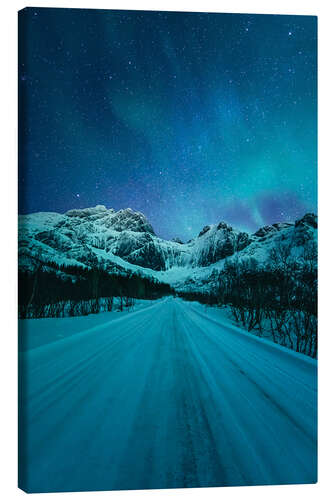 Canvas print Northern lights over a wintry road in Norway