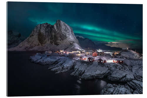 Acrylic print Polar lights over a snow-covered fishing village, Lofoten