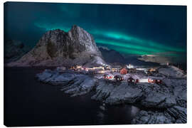 Leinwandbild Polalrlichter über einem verschneiten Fischerdorf, Lofoten - Andreas Wonisch