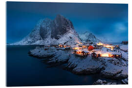 Cuadro de metacrilato Snow-covered fishing village on the Lofoten at night