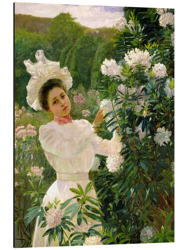 Stampa su alluminio Girl with Rhododendrons - Theodore Wores, 1899