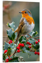 Acrylic print Robin with red berries