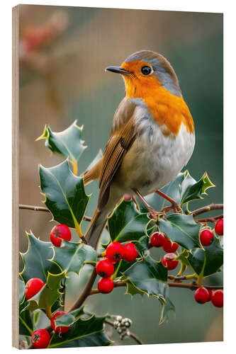 Tableau en bois Robin with red berries