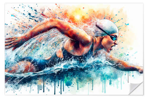 Muursticker Swimmer in colour splash