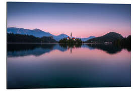 Alubild Kirche von Bled zum Sonnenuntergang