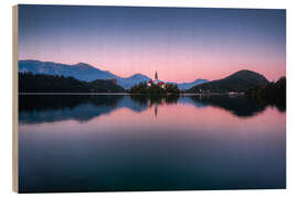 Holzbild Kirche von Bled zum Sonnenuntergang