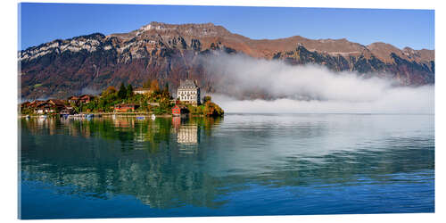 Stampa su vetro acrilico Morning mist in Iseltwald, Lake Brienz, Switzerland
