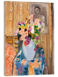 Holzbild Blumen vor einem Portrait