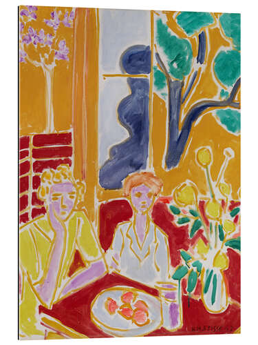 Tableau en plexi-alu Deux jeunes filles dans un intérieur jaune et rouge, 1947