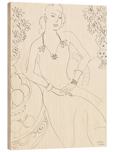 Holzbild Zeichnung einer sitzenden Frau, 1944
