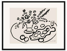 Gerahmter Kunstdruck Stillleben mit Blumenvase und Obstteller, 1947