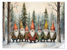 Selvklebende plakat Gnomes in winter forest