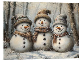 Tableau en verre acrylique Three happy rustic snowmen - Olga Telnova
